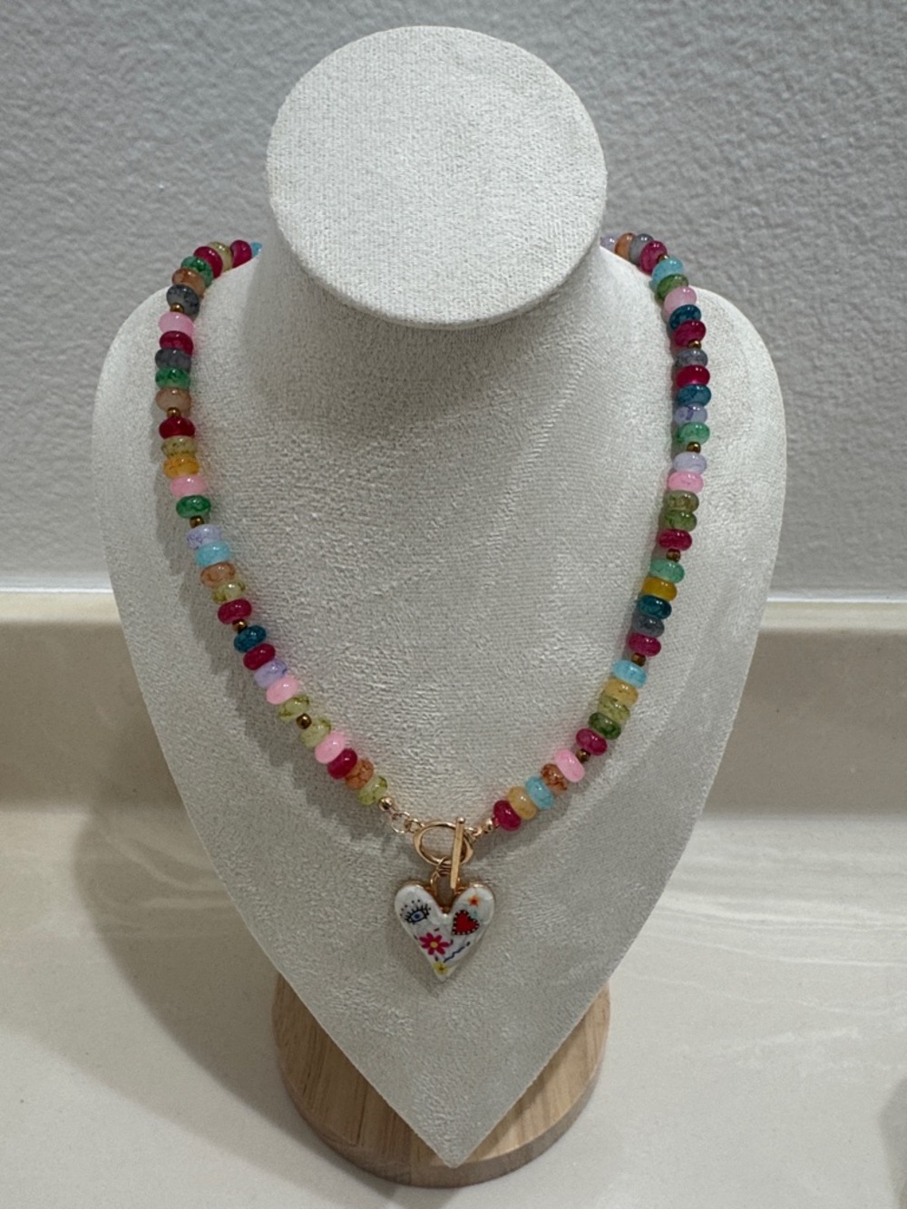 Multicolor Beaded Necklace with Floral Heart Pendant